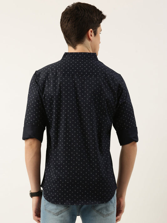 Men Navy Blue Printed Pure Cotton Full Sleeve Casual Shirt
