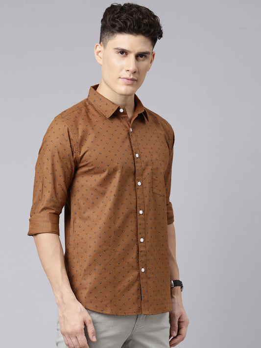 Men Brown Printed Pure Cotton Full Sleeve Casual Shirt