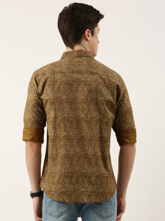 Men Brown Printed Pure Cotton Full Sleeve Casual Shirt