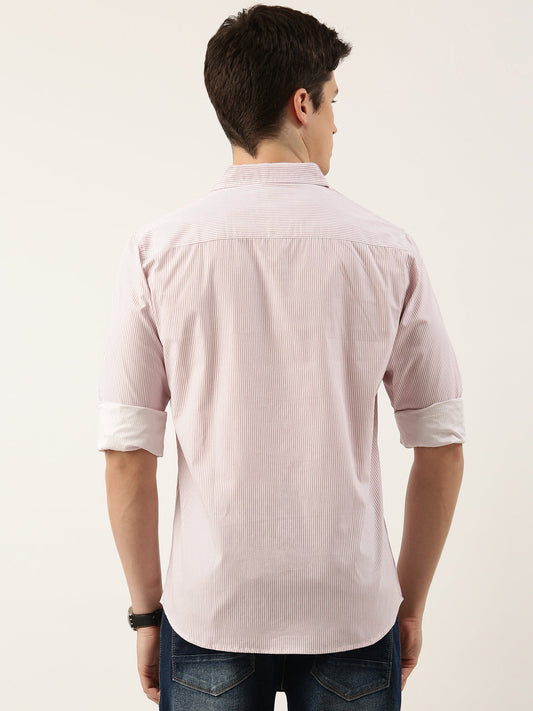 Men Pink Striped Pure Cotton Full Sleeve Casual Shirt