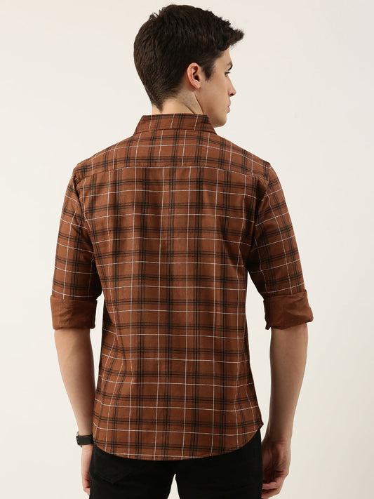 Men Brown Checked Pure Cotton Full Sleeve Casual Shirt