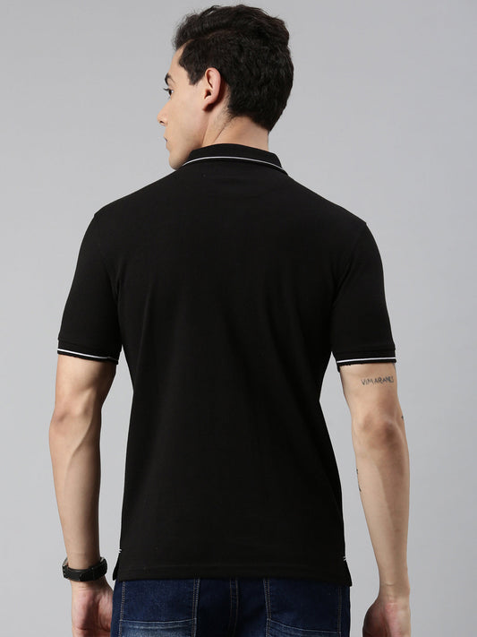 Men Solid Polo Collar Black T-shirt
