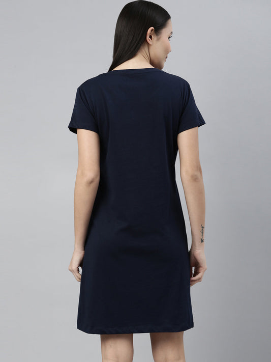 CURARE Women Printed Round Neck Navy Blue LongTees