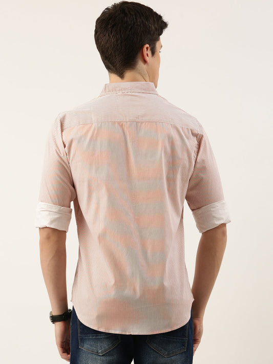 Men Rust Striped Pure Cotton Full Sleeve Casual Shirt
