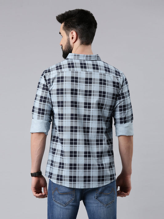 Light Blue Checked Pure Cotton Casual Full Sleeve Shirt