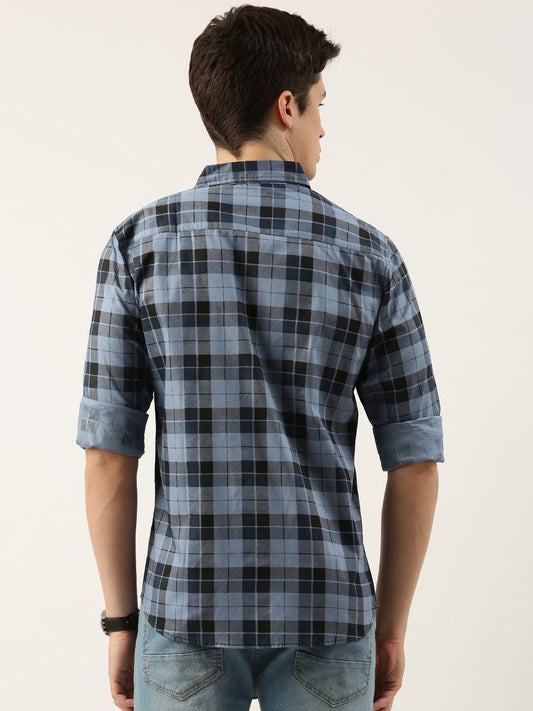 Men Blue Checked Pure Cotton Full Sleeve Casual Shirt
