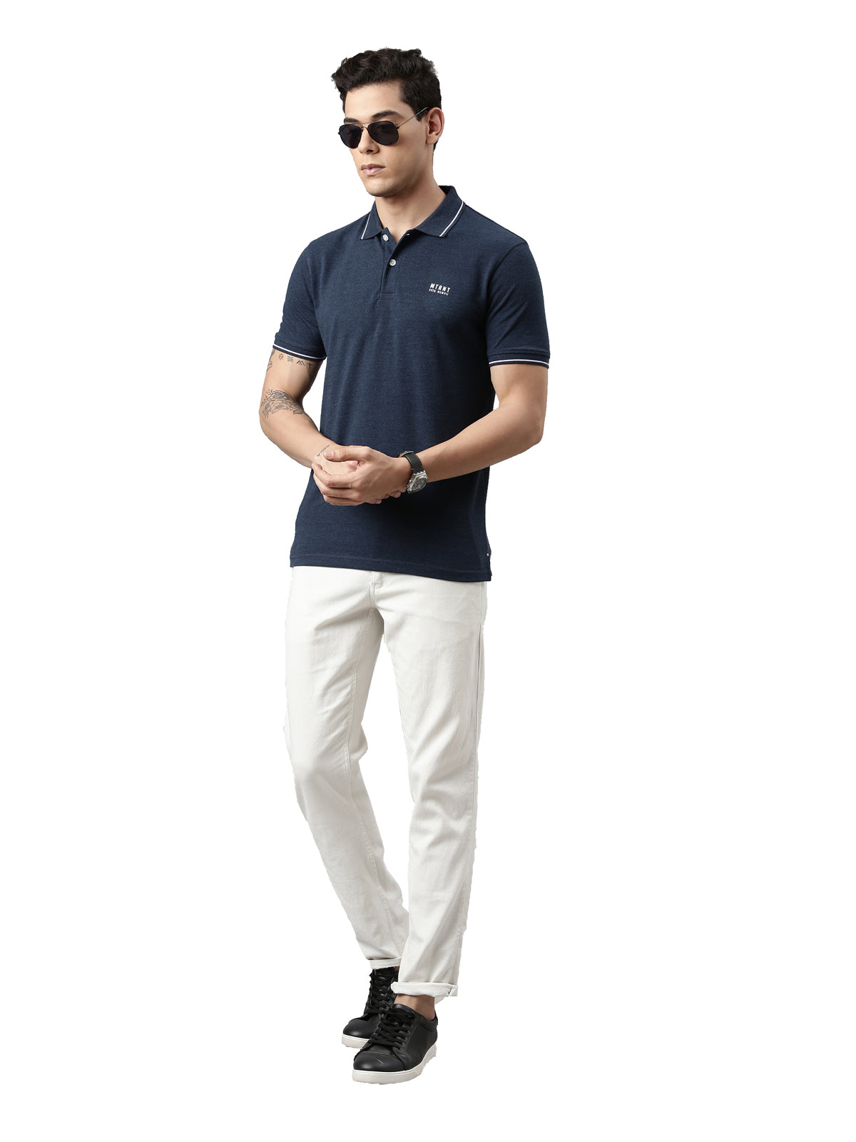 Men Solid Polo Collar Denim Blue T-shirt