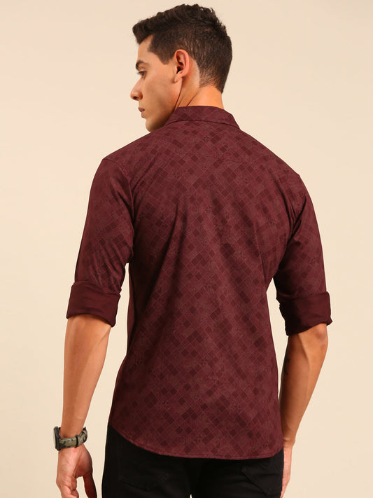 JOVEN Men Maroon Printed Casual Full Sleeve Lycra Shirt ( No Returns )
