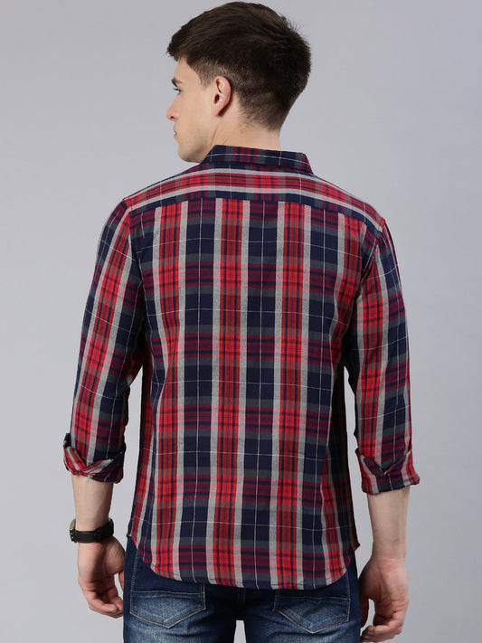 Men Navy Blue and Red Checked Cotton Blend Casual Full Sleeve Shirt