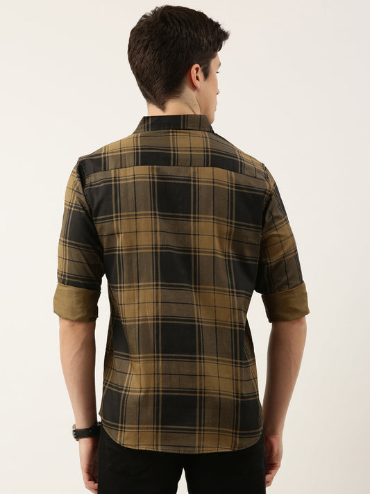 Men Mustard and Black Checked Pure Cotton Full Sleeve Casual Shirt