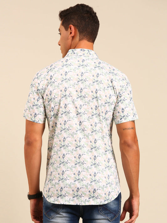 JOVEN Men White and Green Printed Casual Lycra Shirt ( No Returns )