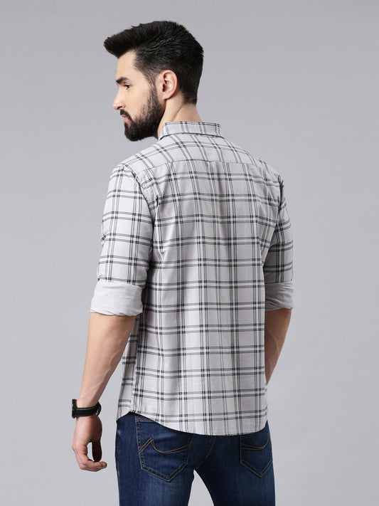 Grey Melange Checked Pure Cotton Casual Full Sleeve Shirt