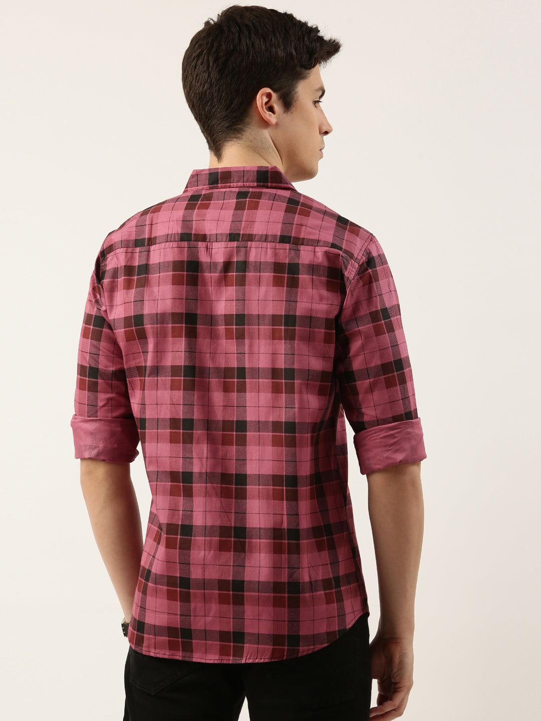 Men Dark Pink Checked Pure Cotton Full Sleeve Casual Shirt