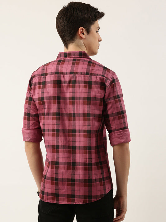 Men Dark Pink Checked Pure Cotton Full Sleeve Casual Shirt