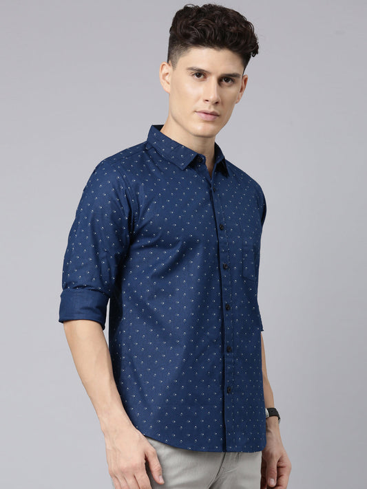 Men Dark Blue Printed Pure Cotton Full Sleeve Casual Shirt