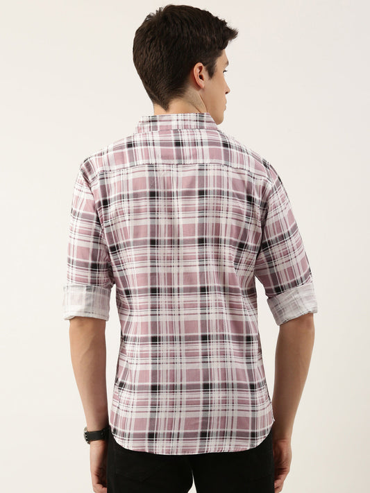 Men Dusty Pink Checked Pure Cotton Full Sleeve Casual Shirt
