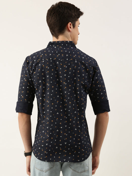 Men Navy Blue and Yellow Printed Pure Cotton Full Sleeve Casual Shirt