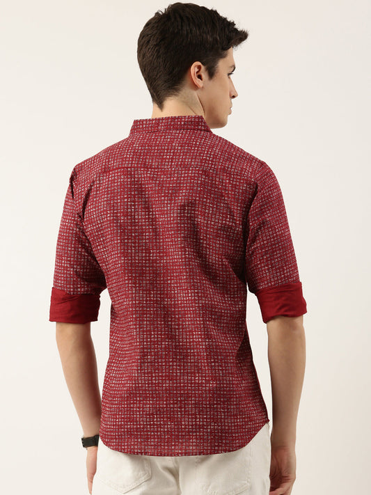 Men Maroon Printed Pure Cotton Full Sleeve Casual Shirt
