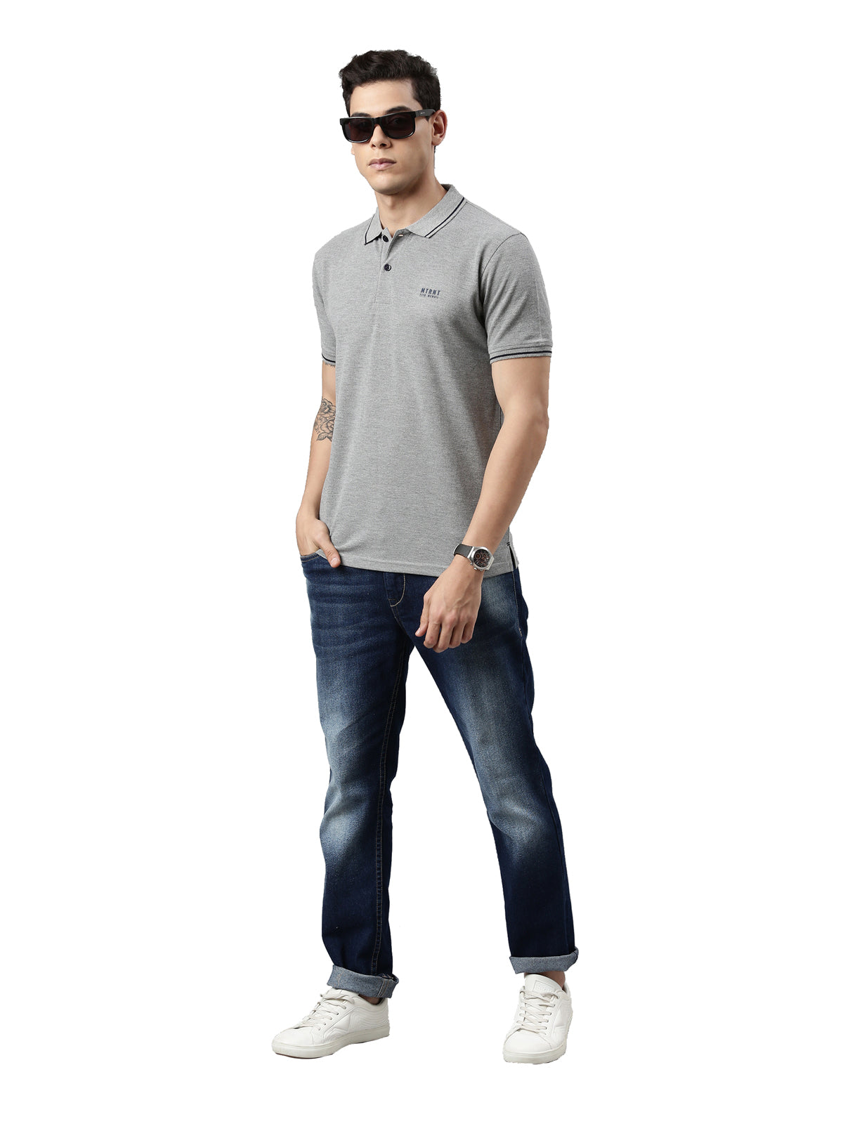 Men Solid Polo Collar Grey Melange T-shirt