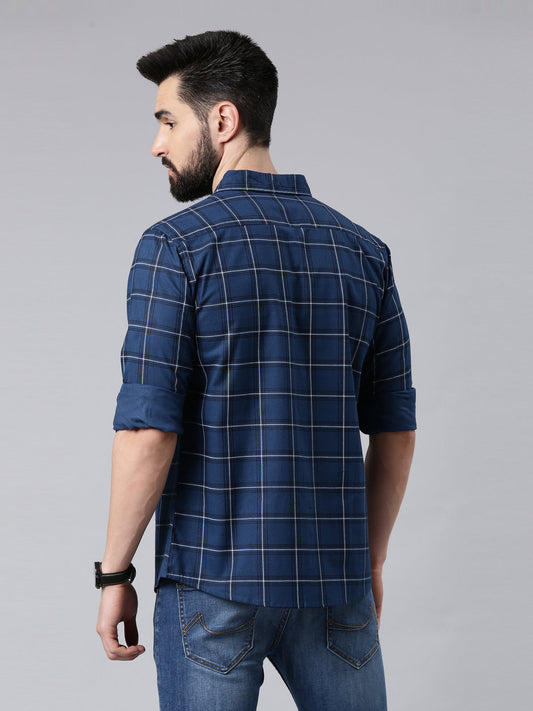 Navy Blue Checked Pure Cotton Casual Full Sleeve Shirt