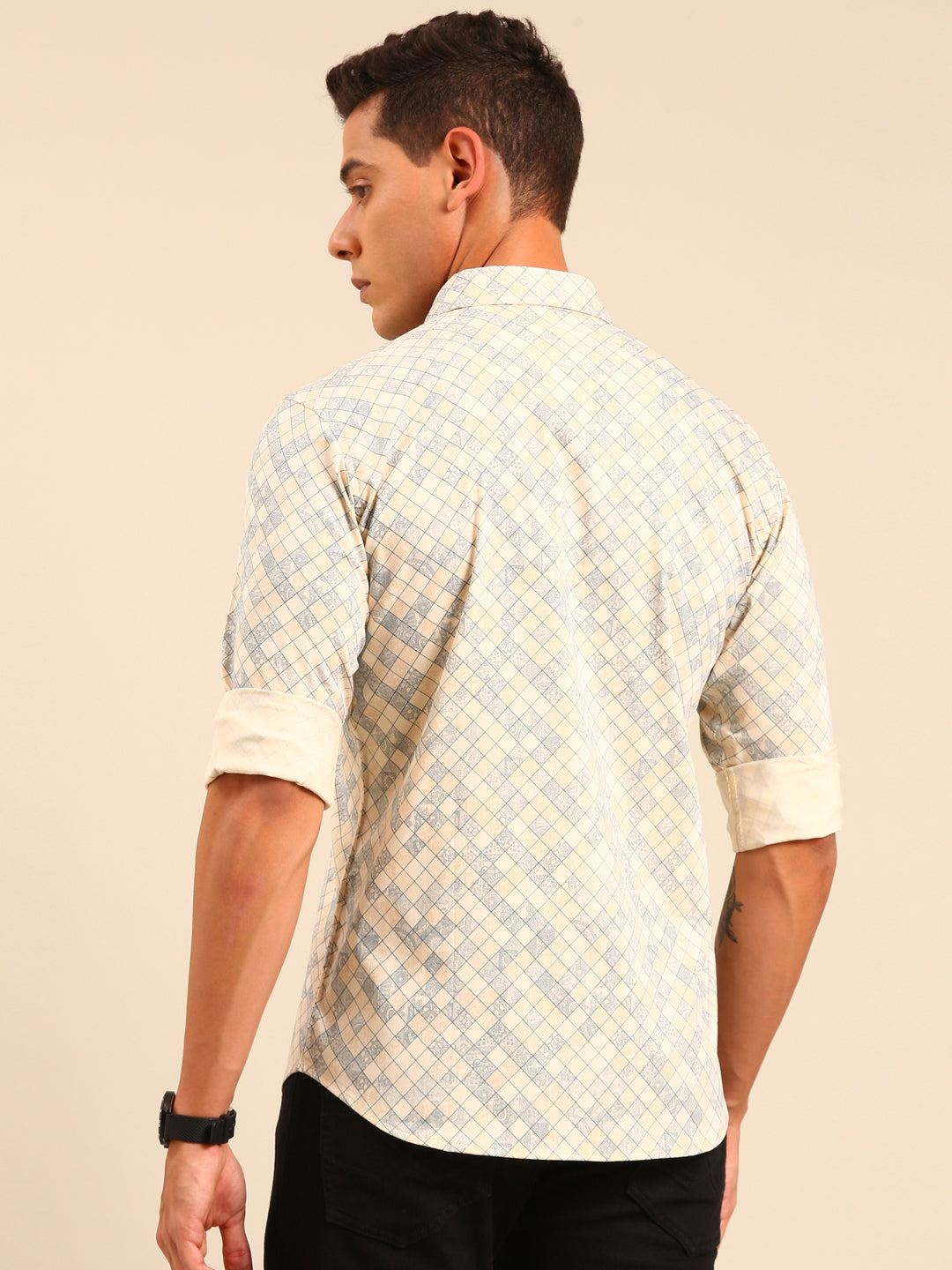 JOVEN Men Beige Printed Casual Full Sleeve Lycra Shirt ( No Returns )
