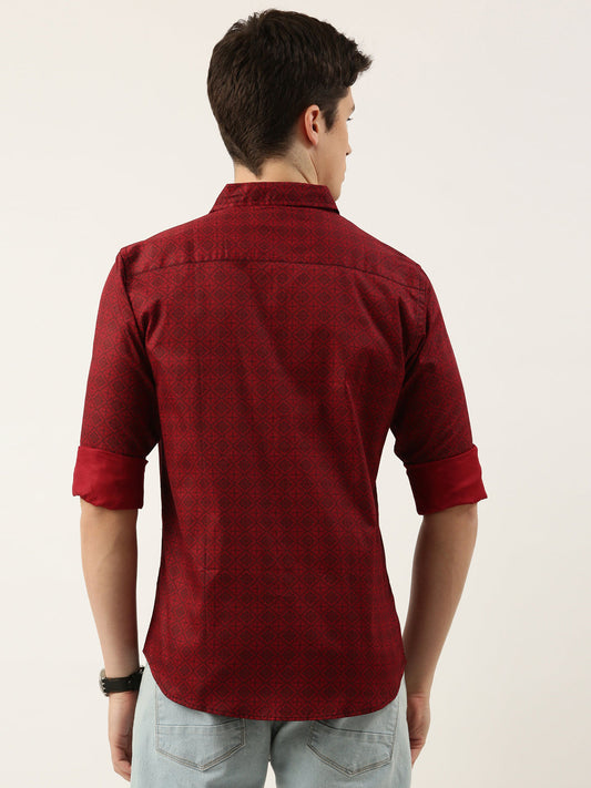 Men Maroon Printed Pure Cotton Full Sleeve Casual Shirt