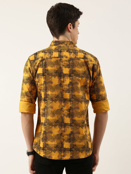 Men Yellow Printed Pure Cotton Full Sleeve Casual Shirt