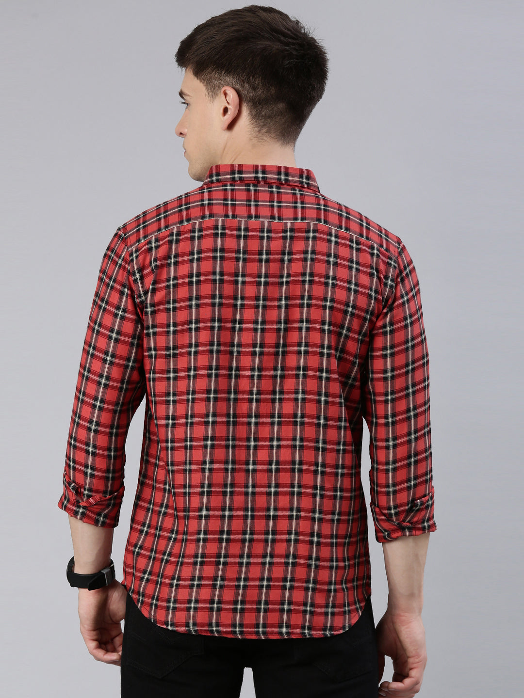 Men Orange Checked Cotton Blend Casual Full Sleeve Shirt