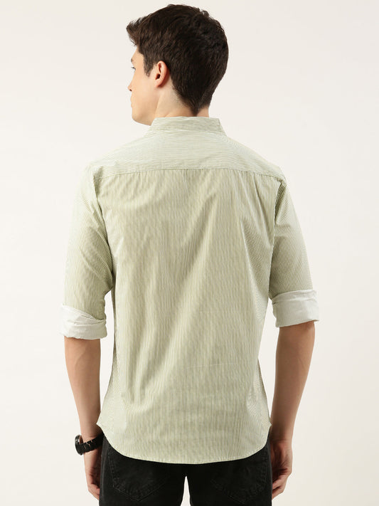 Men Olive Striped Pure Cotton Full Sleeve Casual Shirt