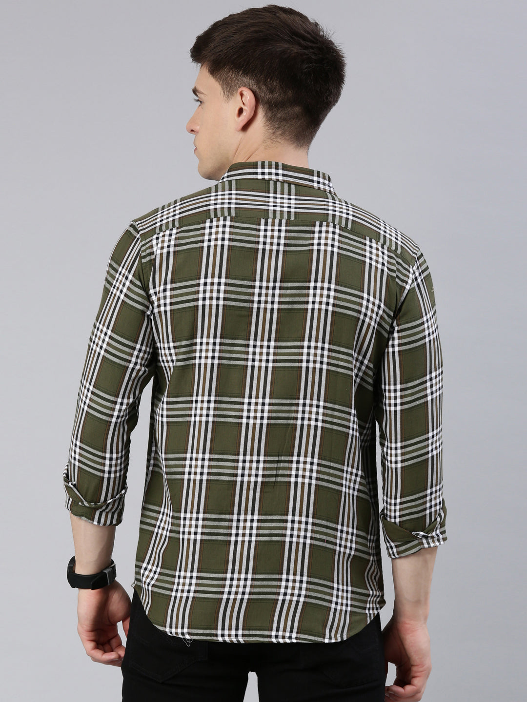 Men Green and White Checked Cotton Blend Casual Full Sleeve Shirt