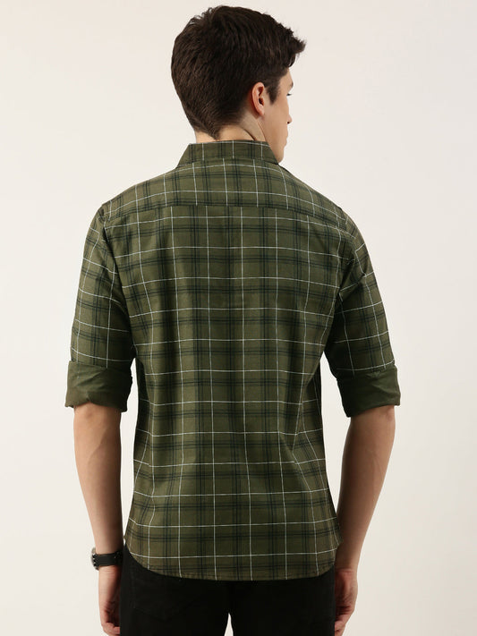 Men Olive Green Checked Pure Cotton Full Sleeve Casual Shirt