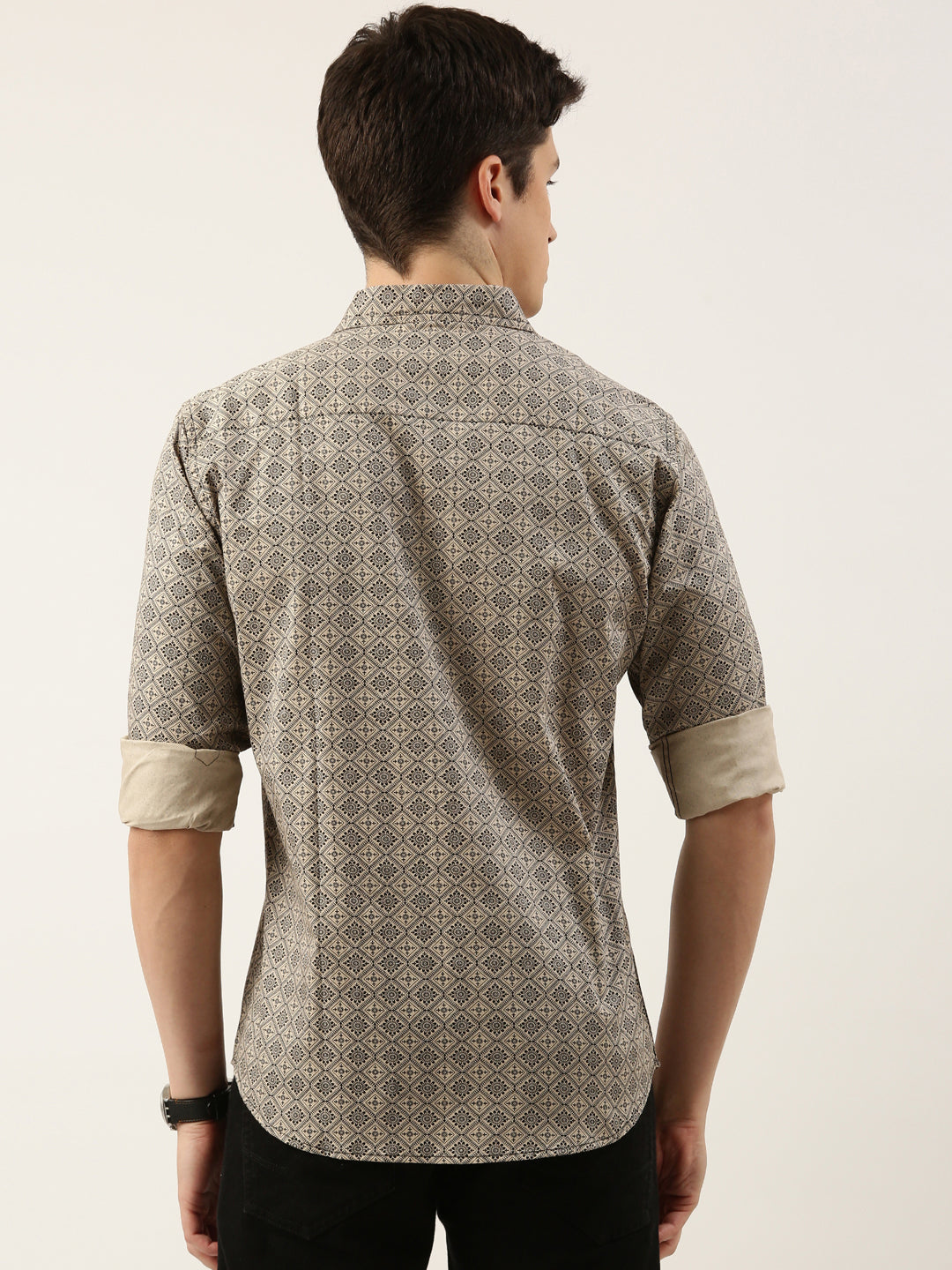 Men Beige Printed Pure Cotton Full Sleeve Casual Shirt