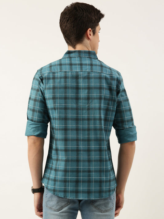 Men Blue Checked Pure Cotton Full Sleeve Casual Shirt