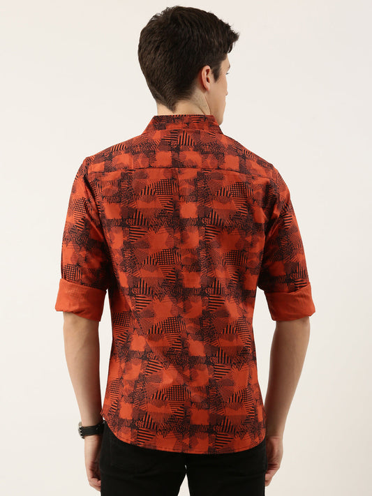 Men Orange Printed Pure Cotton Full Sleeve Casual Shirt