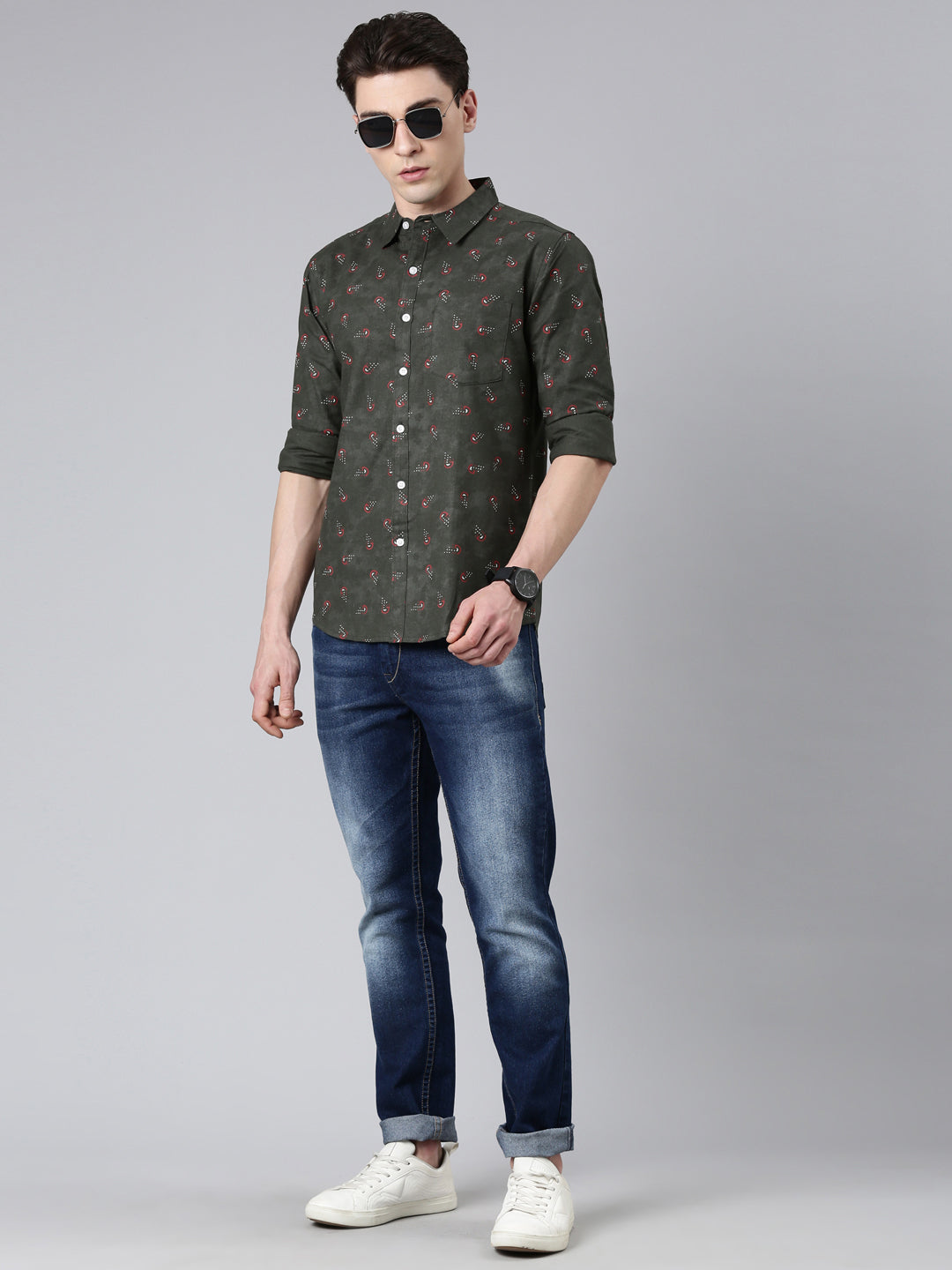 Dark Green printed Pure Cotton Full Sleeve Shirt