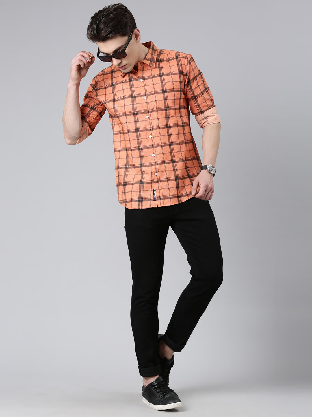 Orange Checkered Pure Cotton Full Sleeve Shirt