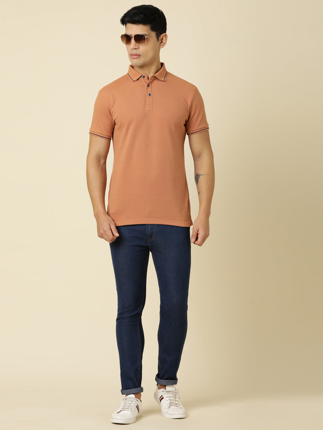 Men Solid Polo Neck Light Rust T-Shirt