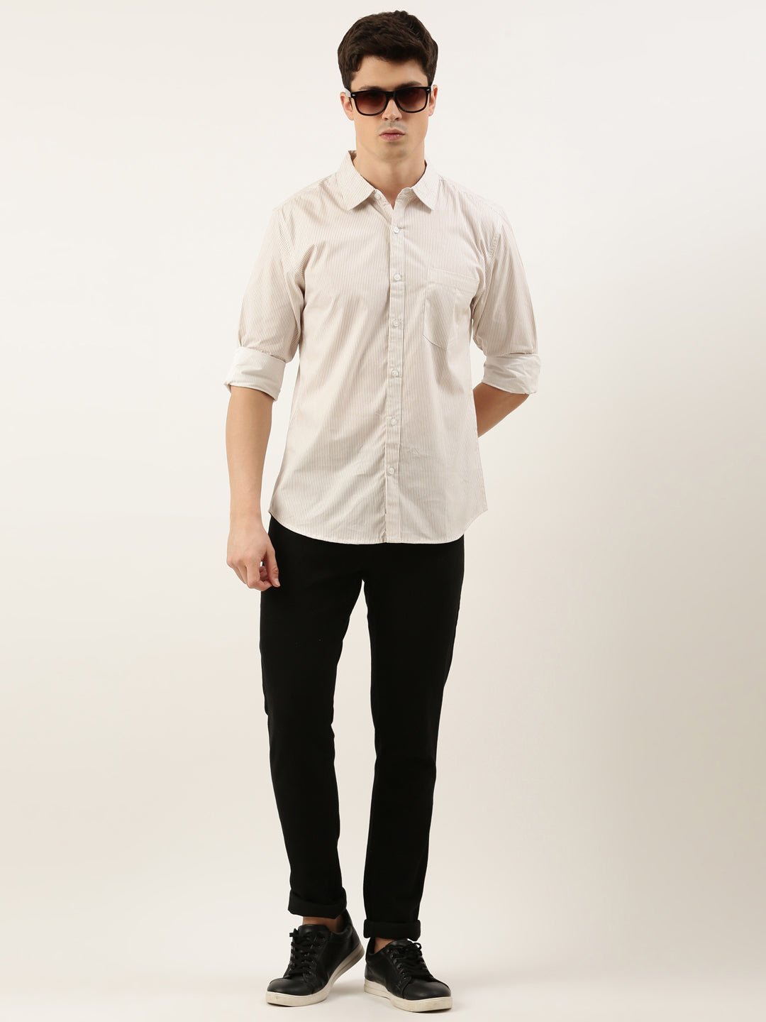 Men Grey Striped Pure Cotton Full Sleeve Casual Shirt