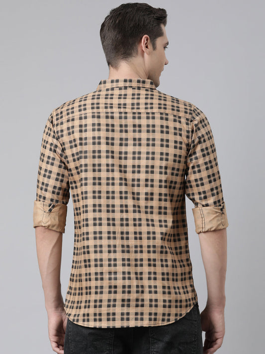 BROON Men Brown And Black Checkered Pure Cotton Full Sleeve Shirt