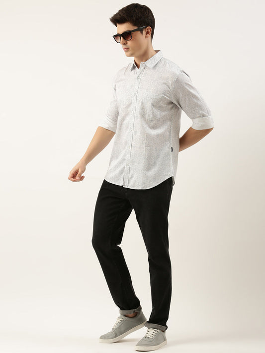 Men White Printed Pure Cotton Full Sleeve Casual Shirt