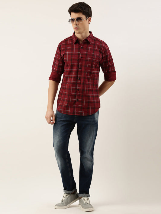 Men Maroon Checked Pure Cotton Full Sleeve Casual Shirt