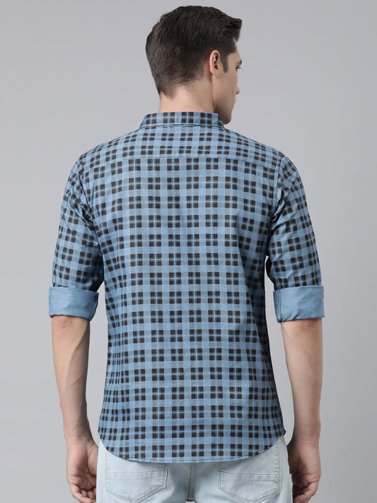 BROON Men Blue And Black Checkered Pure Cotton Full Sleeve Shirt