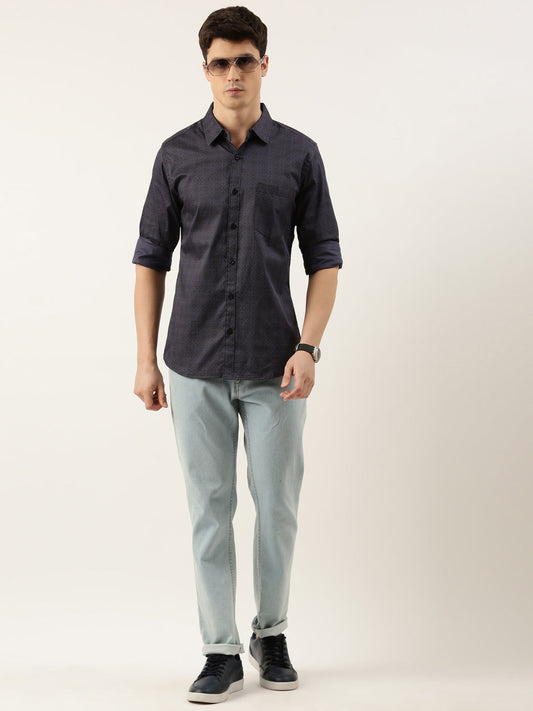 Men Navy Blue Printed Pure Cotton Full Sleeve Casual Shirt