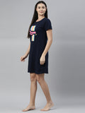 CURARE Women Printed Round Neck Navy Blue LongTees