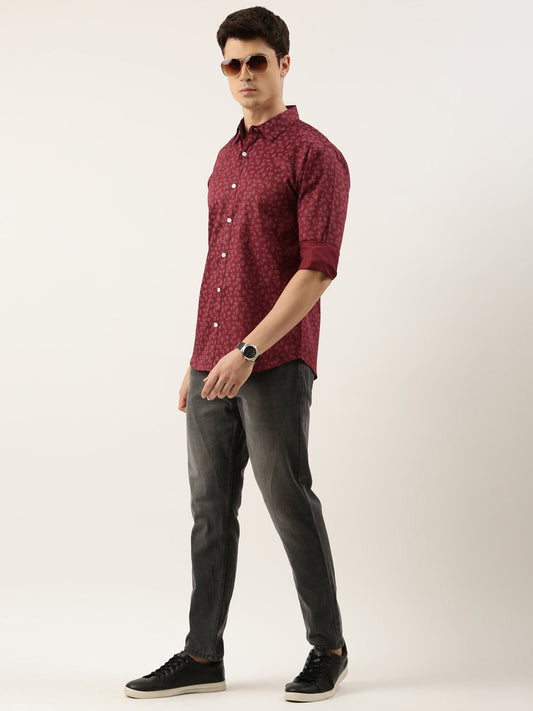 Men Maroon Printed Pure Cotton Full Sleeve Casual Shirt