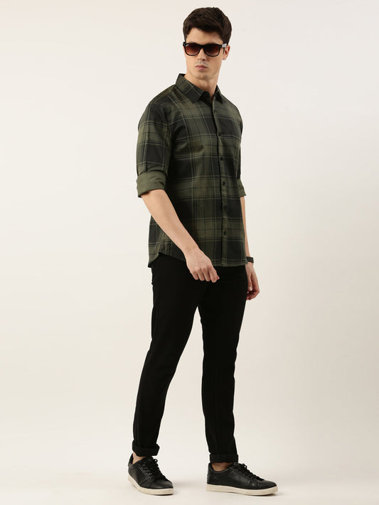 Men Olive and Black Checked Pure Cotton Full Sleeve Casual Shirt