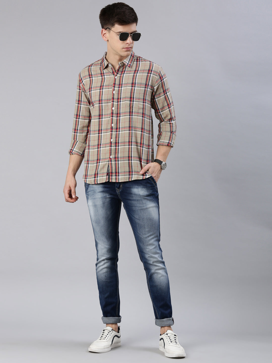 Men Beige Checked Cotton Blend Casual Full Sleeve Shirt