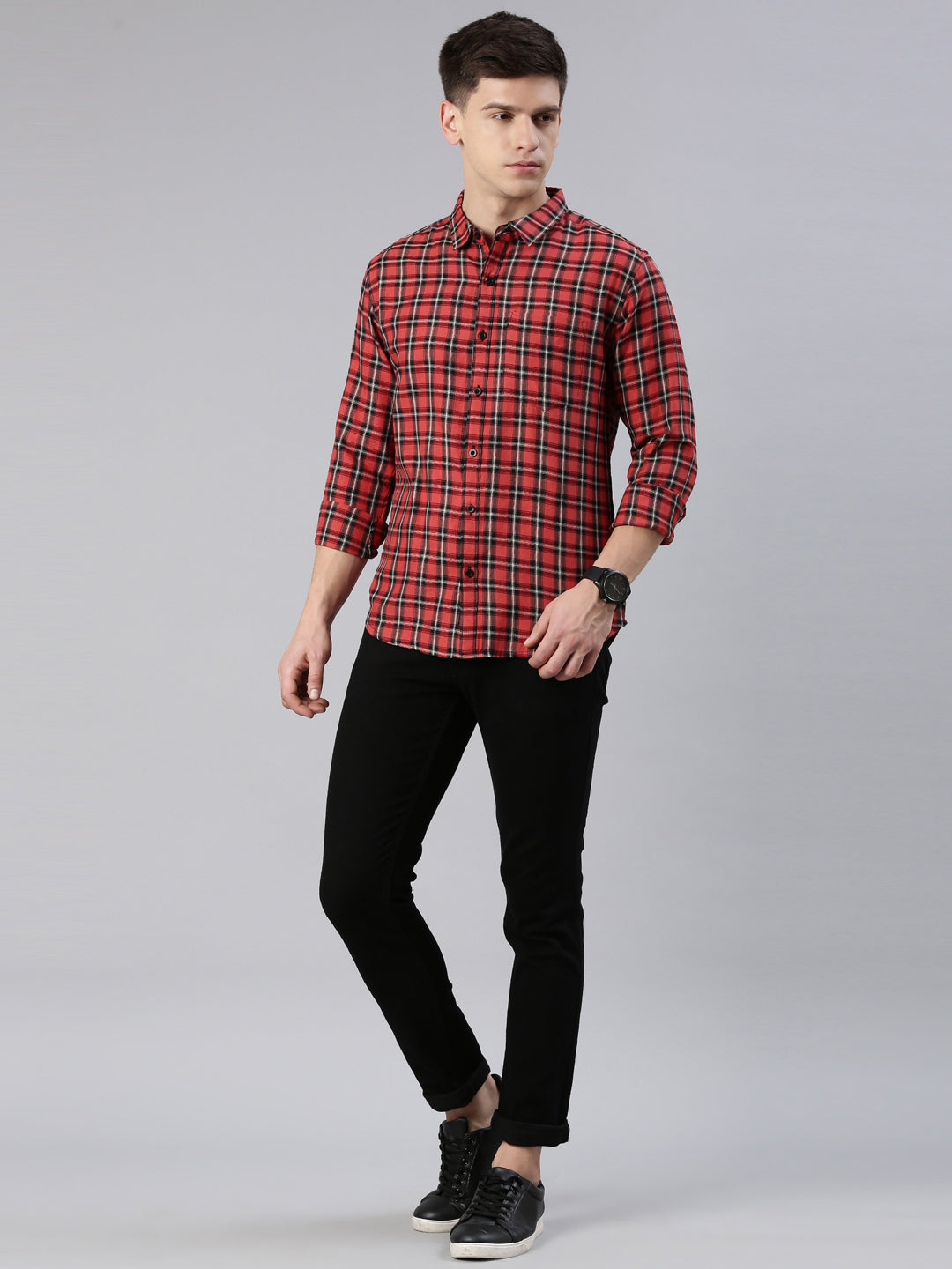 Men Orange Checked Cotton Blend Casual Full Sleeve Shirt