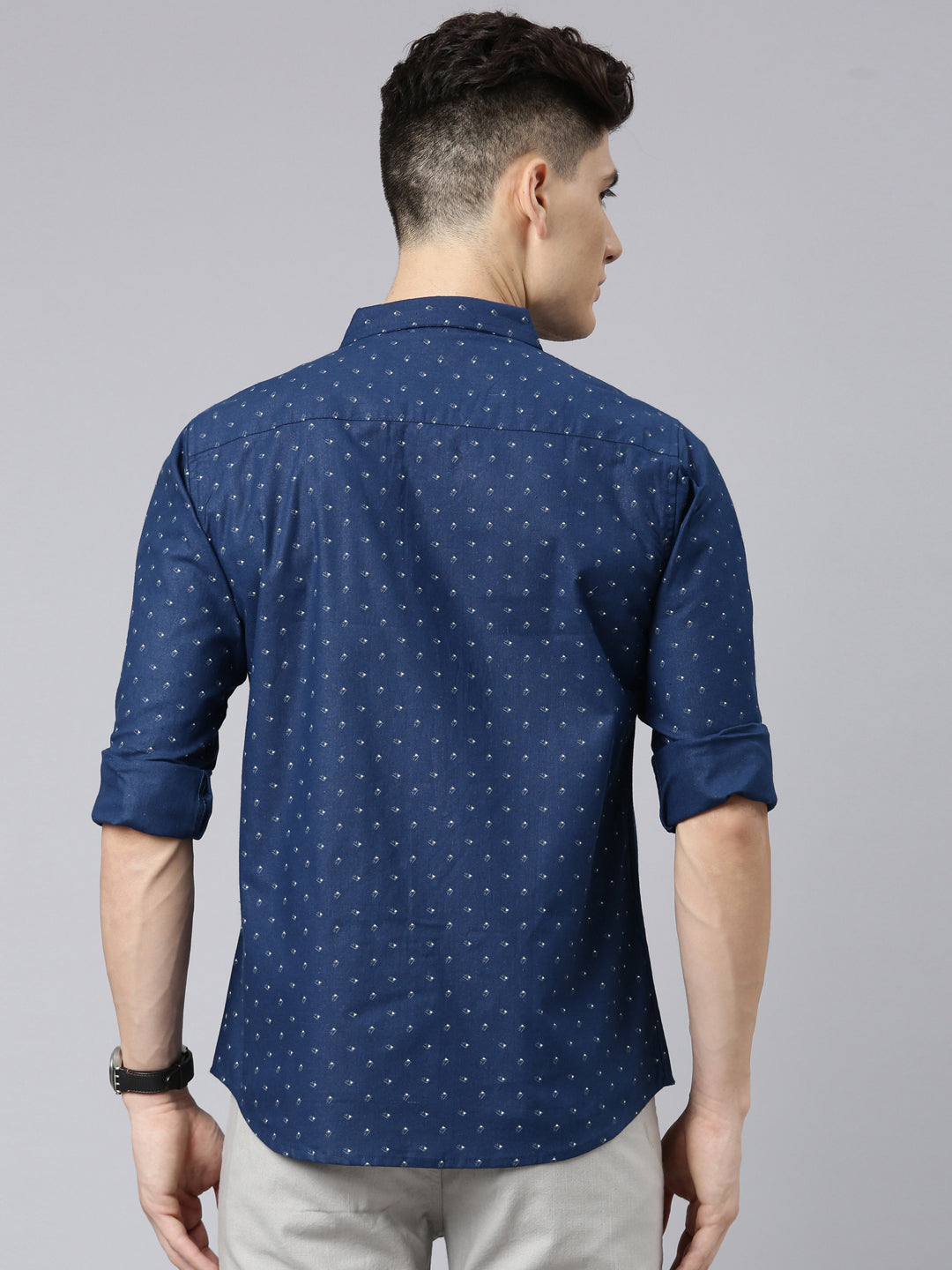 Men Dark Blue Printed Pure Cotton Full Sleeve Casual Shirt