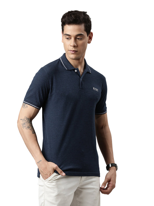 Men Solid Polo Collar Denim Blue T-shirt